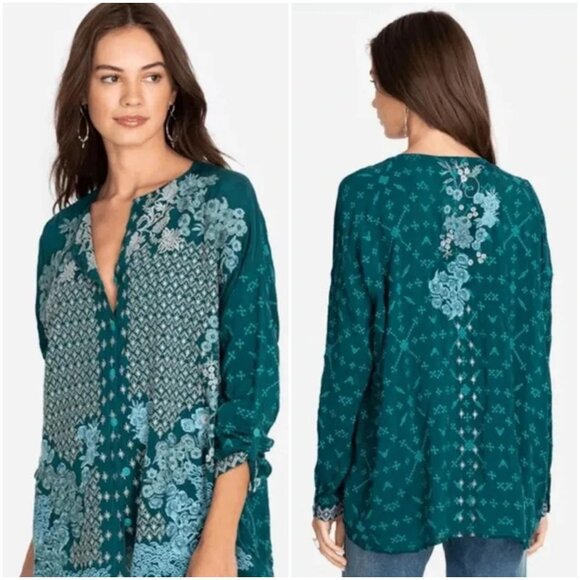 Johnny Was Yoko Embroidered Blouse size L large Lakeside blue button shirt - Picture 2 of 13
